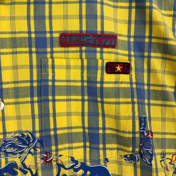 Bugle Boy Men's Size 3X** Yellow Blue Plaid Print Short Sleeve Button Up Shirt - Picture 6 of 9